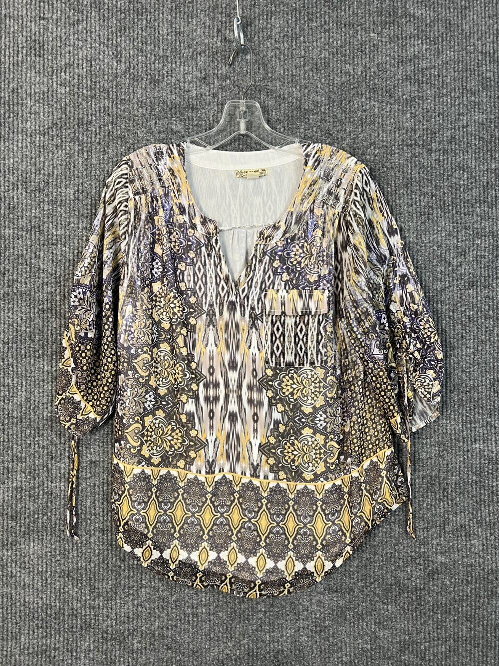 Energe Womens Bohemian Printed Blouse Medium Tie Sleeve Artsy Lightweight Hippie